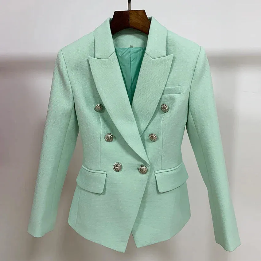 Classic Baroque Designer Jacket Women's Metal Lion Buttons Double Breasted Textured Blazer Mint Green