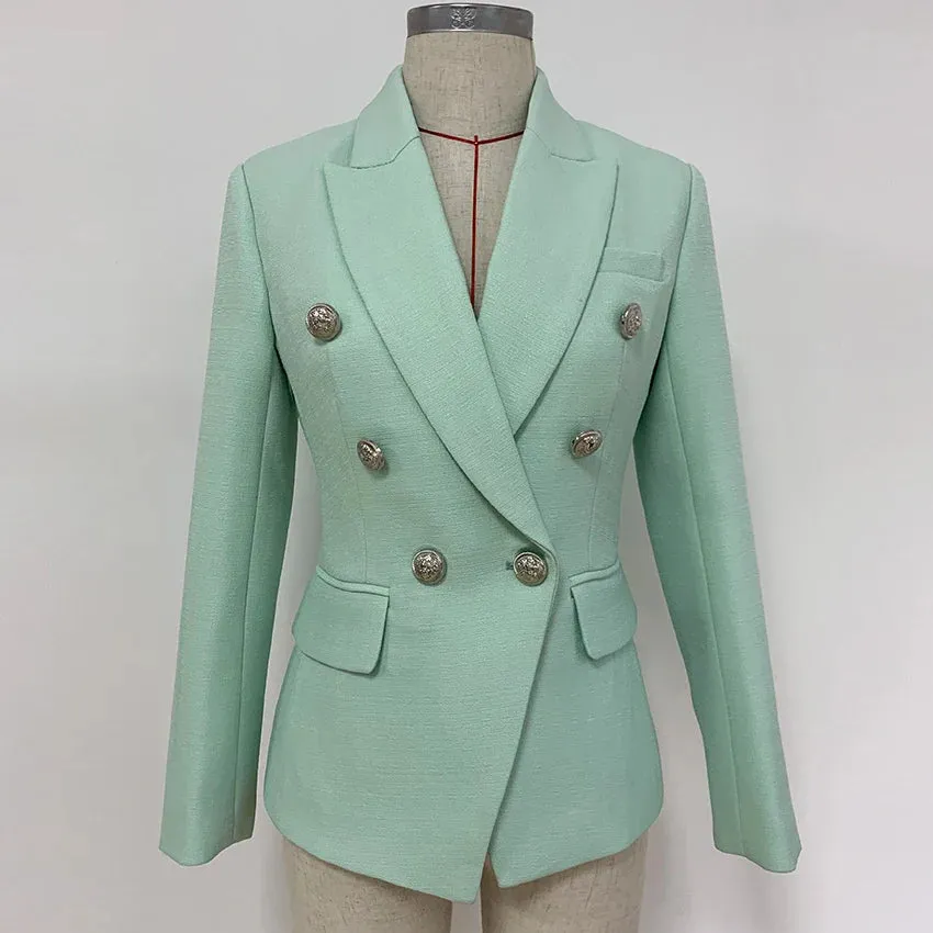 Classic Baroque Designer Jacket Women's Metal Lion Buttons Double Breasted Textured Blazer Mint Green