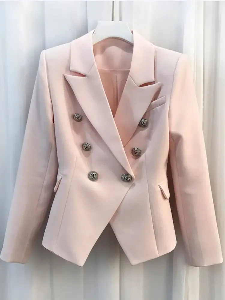 Classic Baroque Designer Jacket Women's Metal Lion Buttons Double Breasted Textured Blazer Mint Green