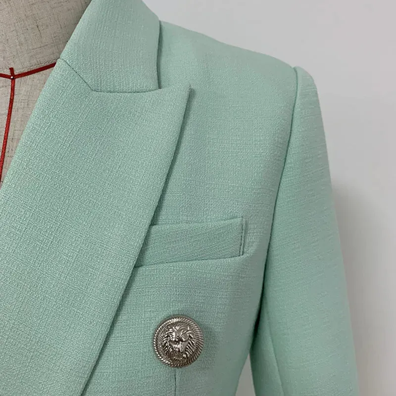 Classic Baroque Designer Jacket Women's Metal Lion Buttons Double Breasted Textured Blazer Mint Green