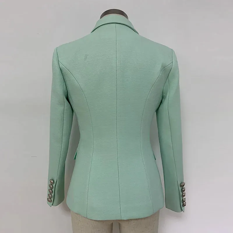 Classic Baroque Designer Jacket Women's Metal Lion Buttons Double Breasted Textured Blazer Mint Green