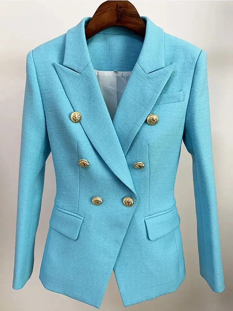 Classic Baroque Designer Jacket Women's Metal Lion Buttons Double Breasted Textured Blazer Mint Green
