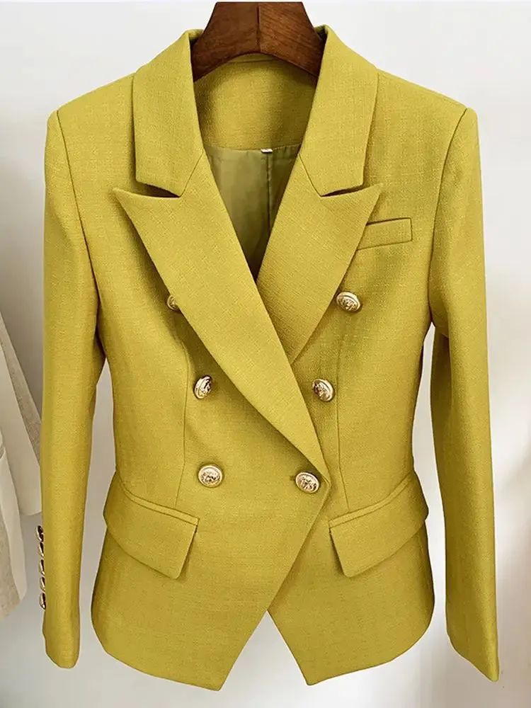 Classic Baroque Designer Jacket Women's Metal Lion Buttons Double Breasted Textured Blazer Mint Green