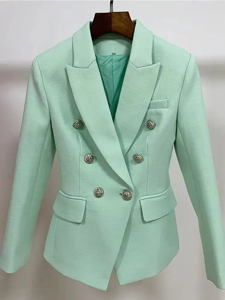 Classic Baroque Designer Jacket Women's Metal Lion Buttons Double Breasted Textured Blazer Mint Green