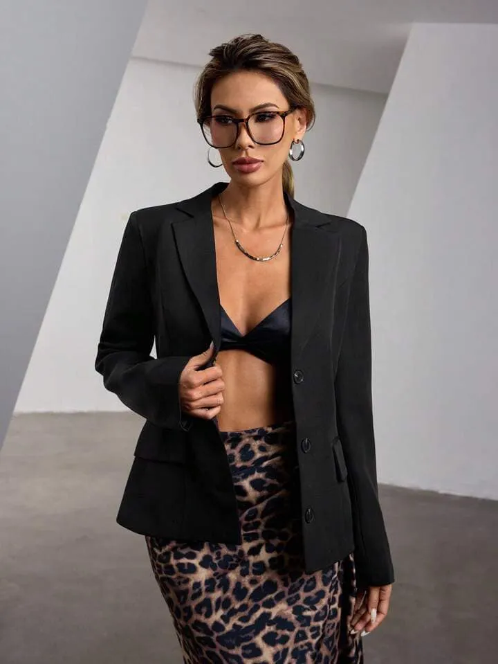 CM-CS498557 Women Casual Seoul Style Lapel Neckline Fitted Flared Hem Long Blazer Jacket