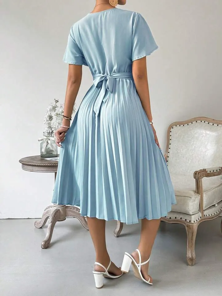 CM-DS025576 Women Casual Seoul Style V-Neck Short Sleeve Wrap Pleated Dress - Blue