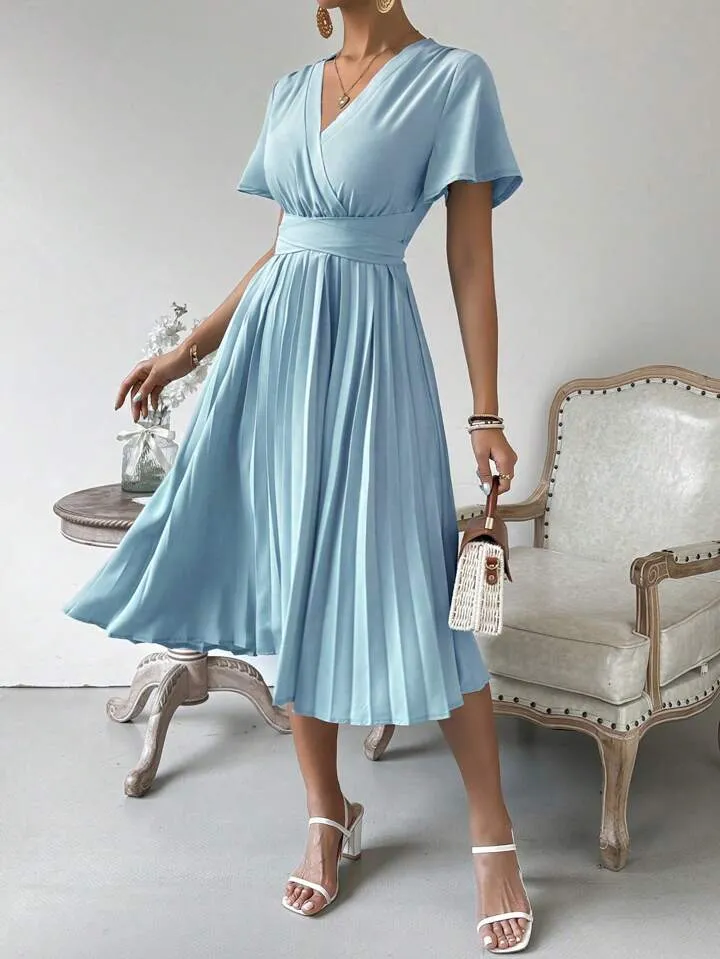 CM-DS025576 Women Casual Seoul Style V-Neck Short Sleeve Wrap Pleated Dress - Blue