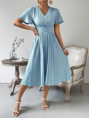 CM-DS025576 Women Casual Seoul Style V-Neck Short Sleeve Wrap Pleated Dress - Blue
