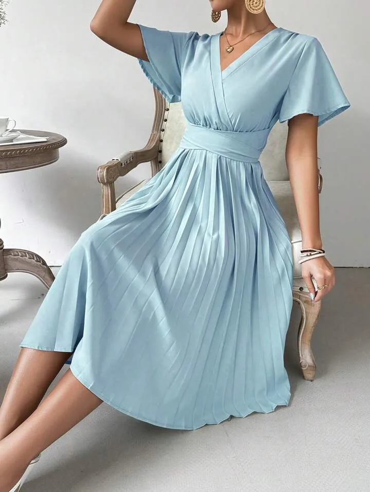 CM-DS025576 Women Casual Seoul Style V-Neck Short Sleeve Wrap Pleated Dress - Blue