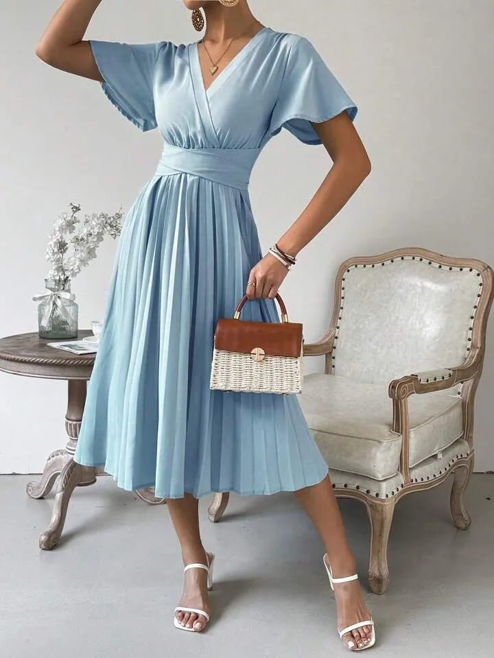 CM-DS025576 Women Casual Seoul Style V-Neck Short Sleeve Wrap Pleated Dress - Blue