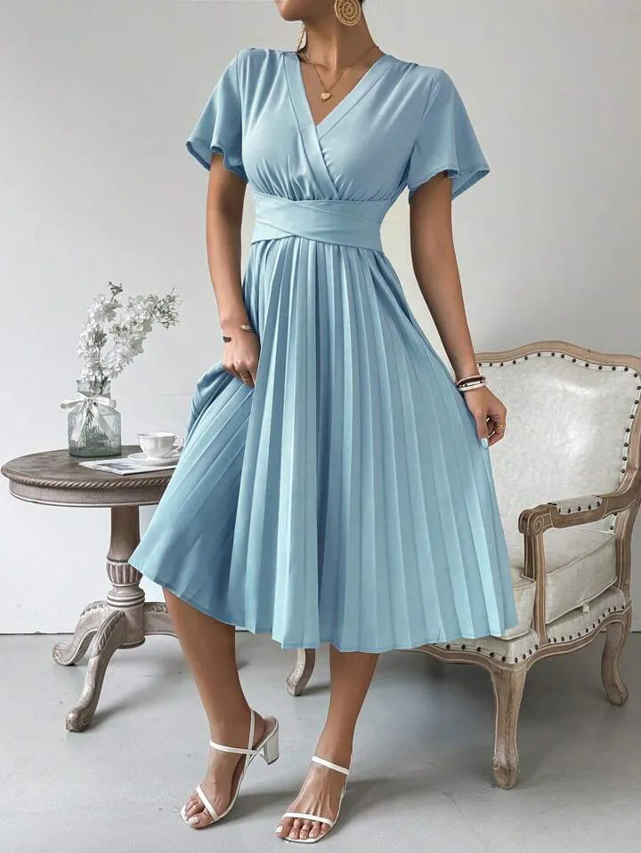 CM-DS025576 Women Casual Seoul Style V-Neck Short Sleeve Wrap Pleated Dress - Blue