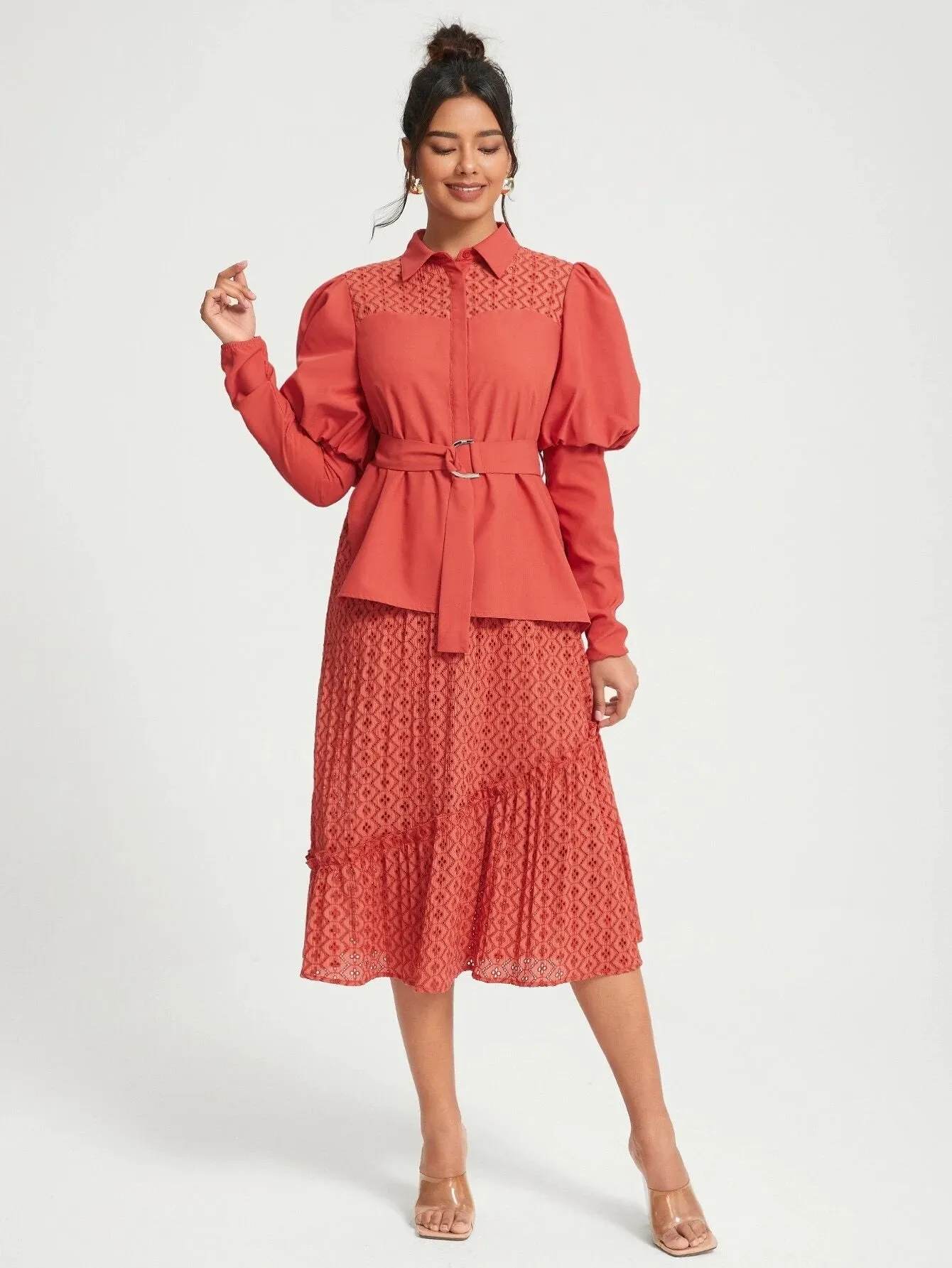 CM-DS161886 Women Elegant Seoul Style Gigot Sleeve Ruffle Hem Belted Lace Shirt Dress