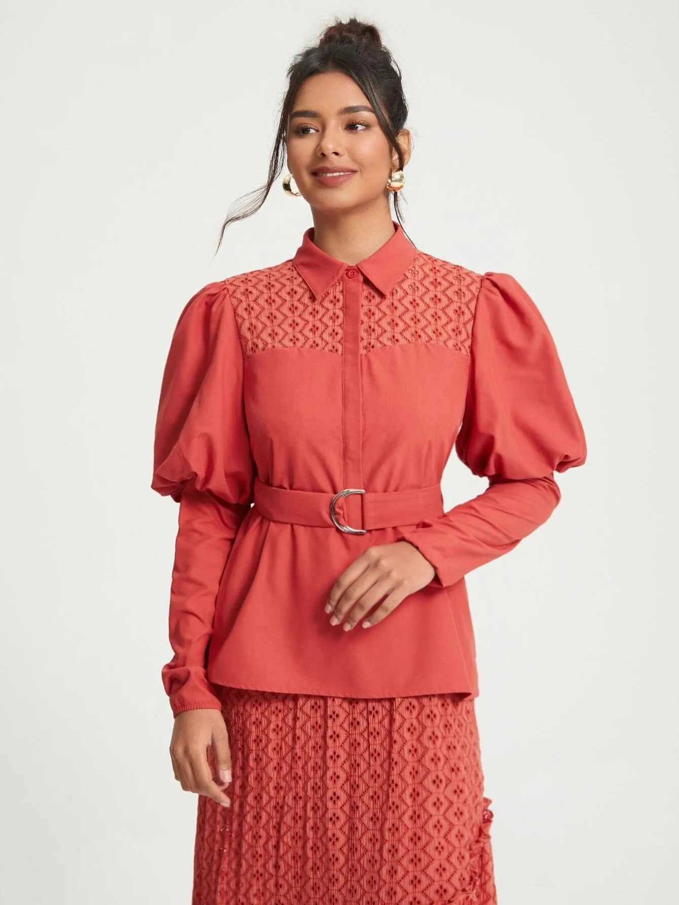CM-DS161886 Women Elegant Seoul Style Gigot Sleeve Ruffle Hem Belted Lace Shirt Dress
