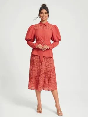 CM-DS161886 Women Elegant Seoul Style Gigot Sleeve Ruffle Hem Belted Lace Shirt Dress