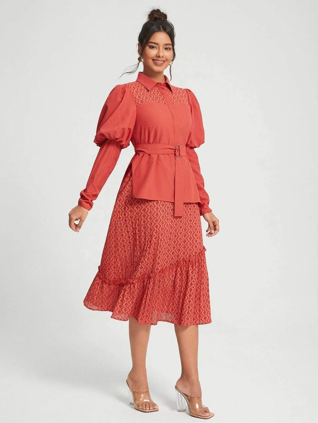 CM-DS161886 Women Elegant Seoul Style Gigot Sleeve Ruffle Hem Belted Lace Shirt Dress
