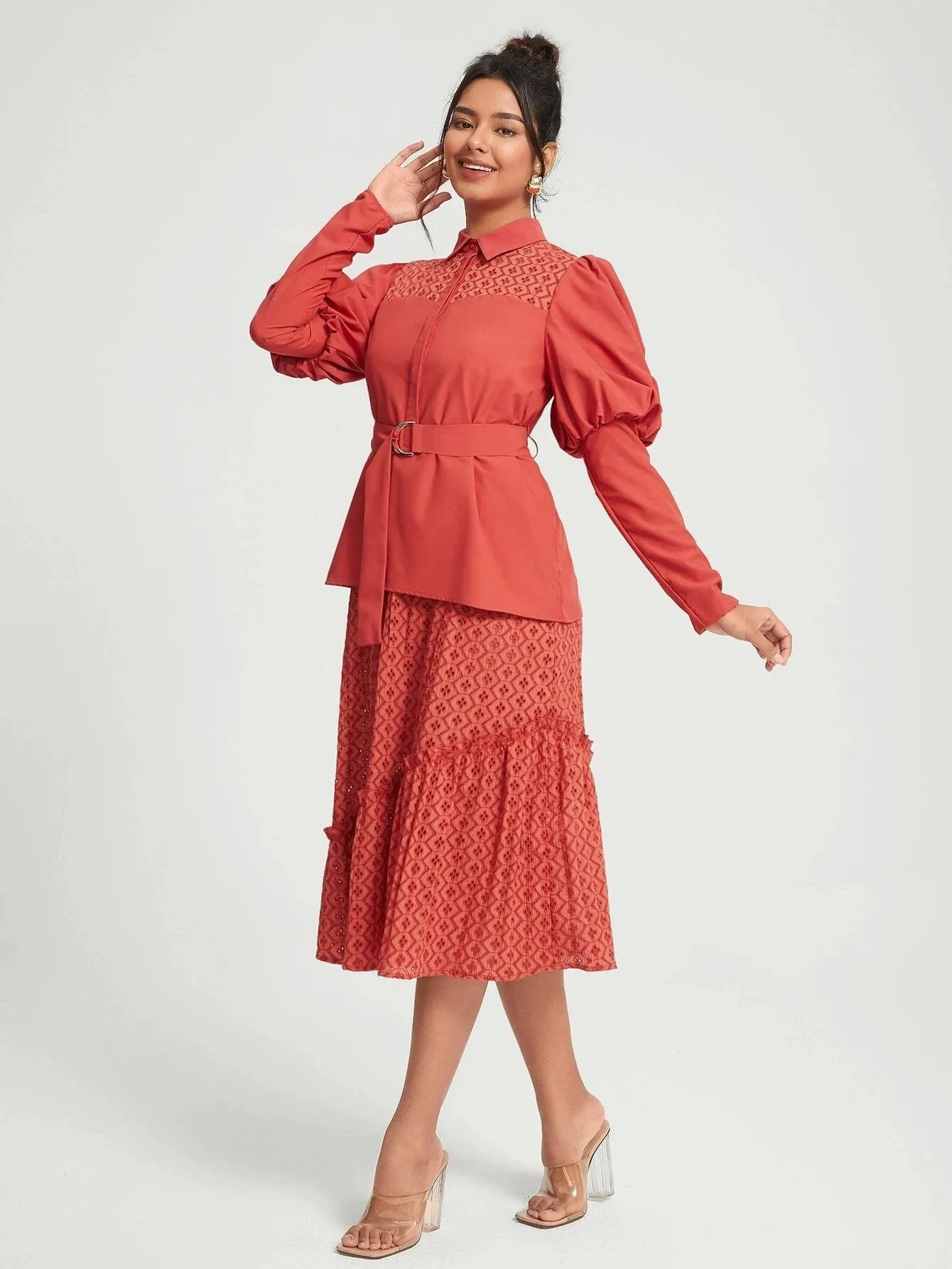 CM-DS161886 Women Elegant Seoul Style Gigot Sleeve Ruffle Hem Belted Lace Shirt Dress