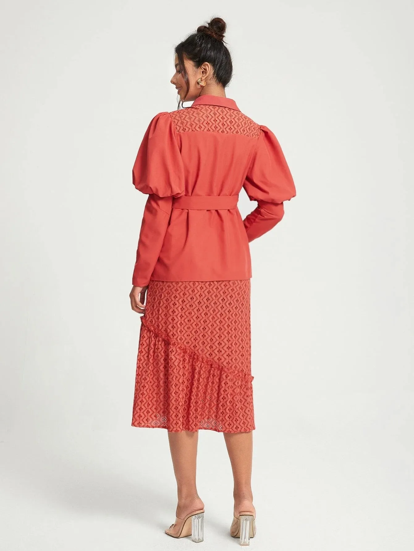 CM-DS161886 Women Elegant Seoul Style Gigot Sleeve Ruffle Hem Belted Lace Shirt Dress