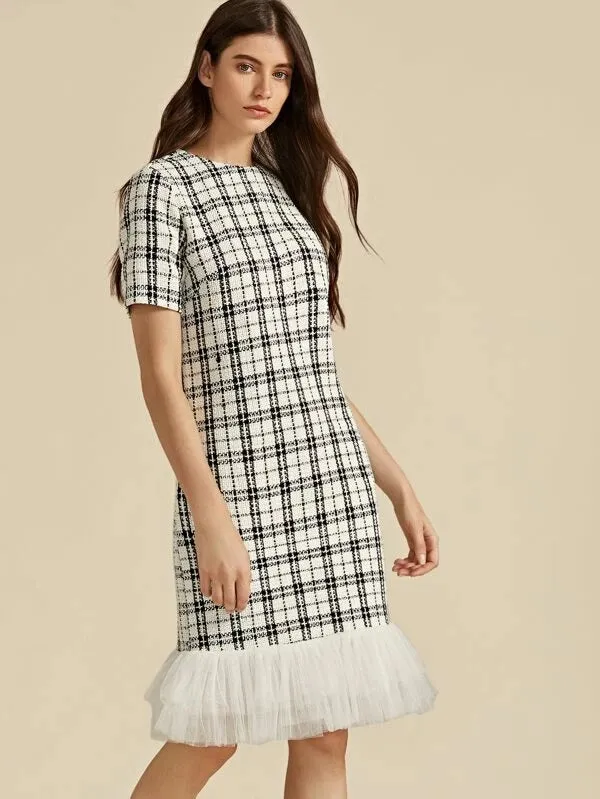 CM-DS929349 Women Elegant European Style Short Sleeve Layered Mesh Hem Plaid Tweed Dress