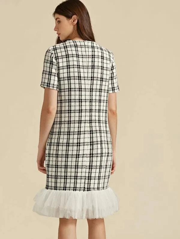 CM-DS929349 Women Elegant European Style Short Sleeve Layered Mesh Hem Plaid Tweed Dress