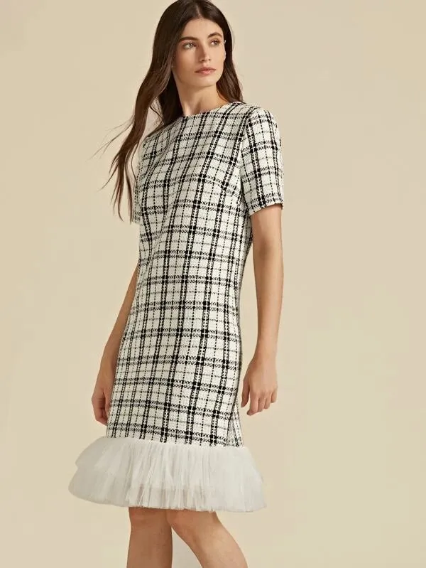 CM-DS929349 Women Elegant European Style Short Sleeve Layered Mesh Hem Plaid Tweed Dress