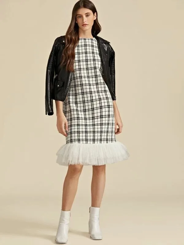 CM-DS929349 Women Elegant European Style Short Sleeve Layered Mesh Hem Plaid Tweed Dress