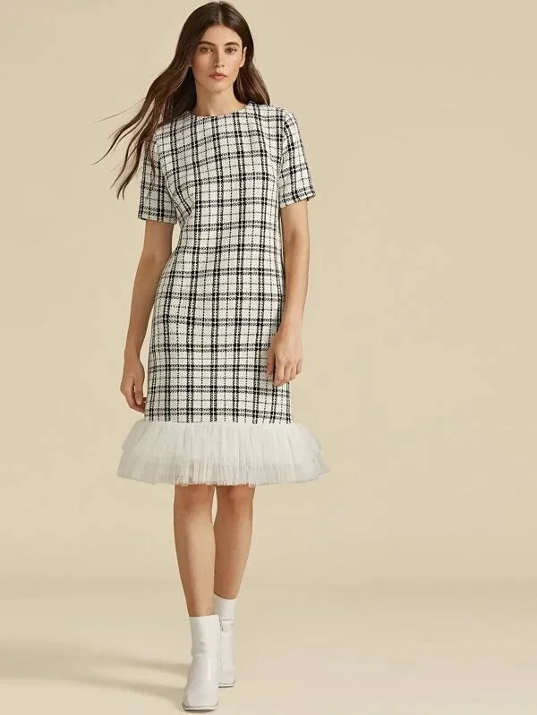 CM-DS929349 Women Elegant European Style Short Sleeve Layered Mesh Hem Plaid Tweed Dress