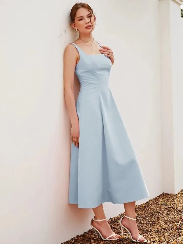 CM-DS950556 Women Casual Seoul Style Square Neck Sleeveless A-Line Dress - Baby Blue