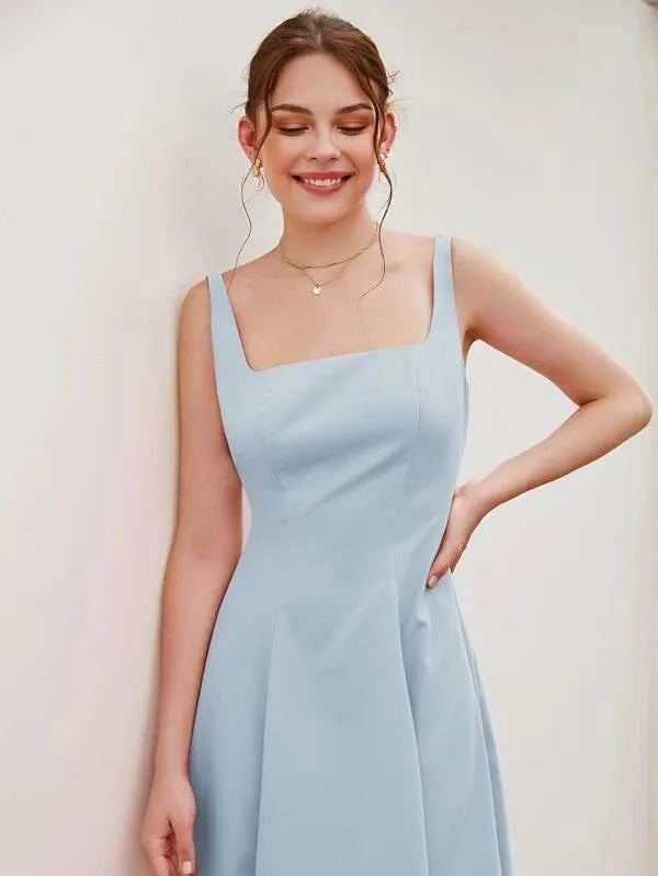 CM-DS950556 Women Casual Seoul Style Square Neck Sleeveless A-Line Dress - Baby Blue