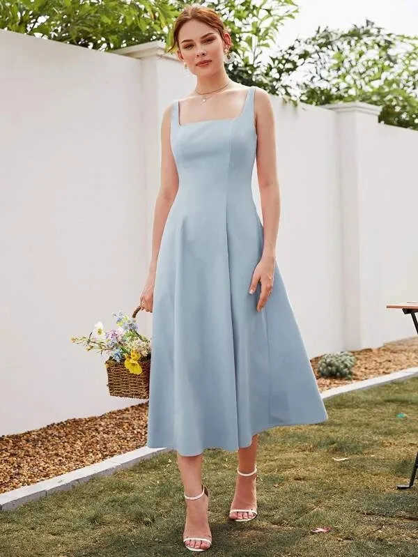 CM-DS950556 Women Casual Seoul Style Square Neck Sleeveless A-Line Dress - Baby Blue