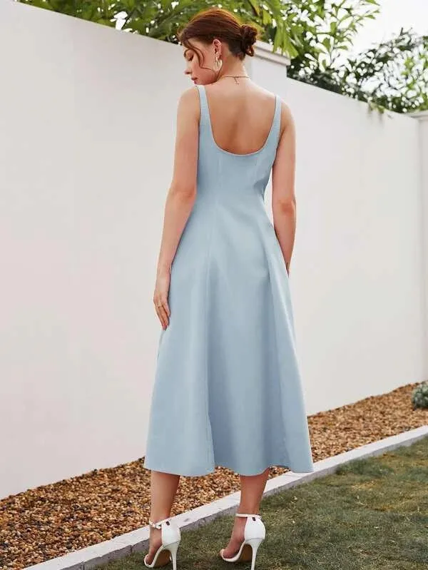 CM-DS950556 Women Casual Seoul Style Square Neck Sleeveless A-Line Dress - Baby Blue
