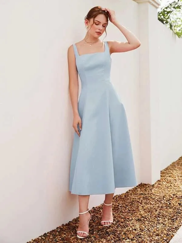 CM-DS950556 Women Casual Seoul Style Square Neck Sleeveless A-Line Dress - Baby Blue