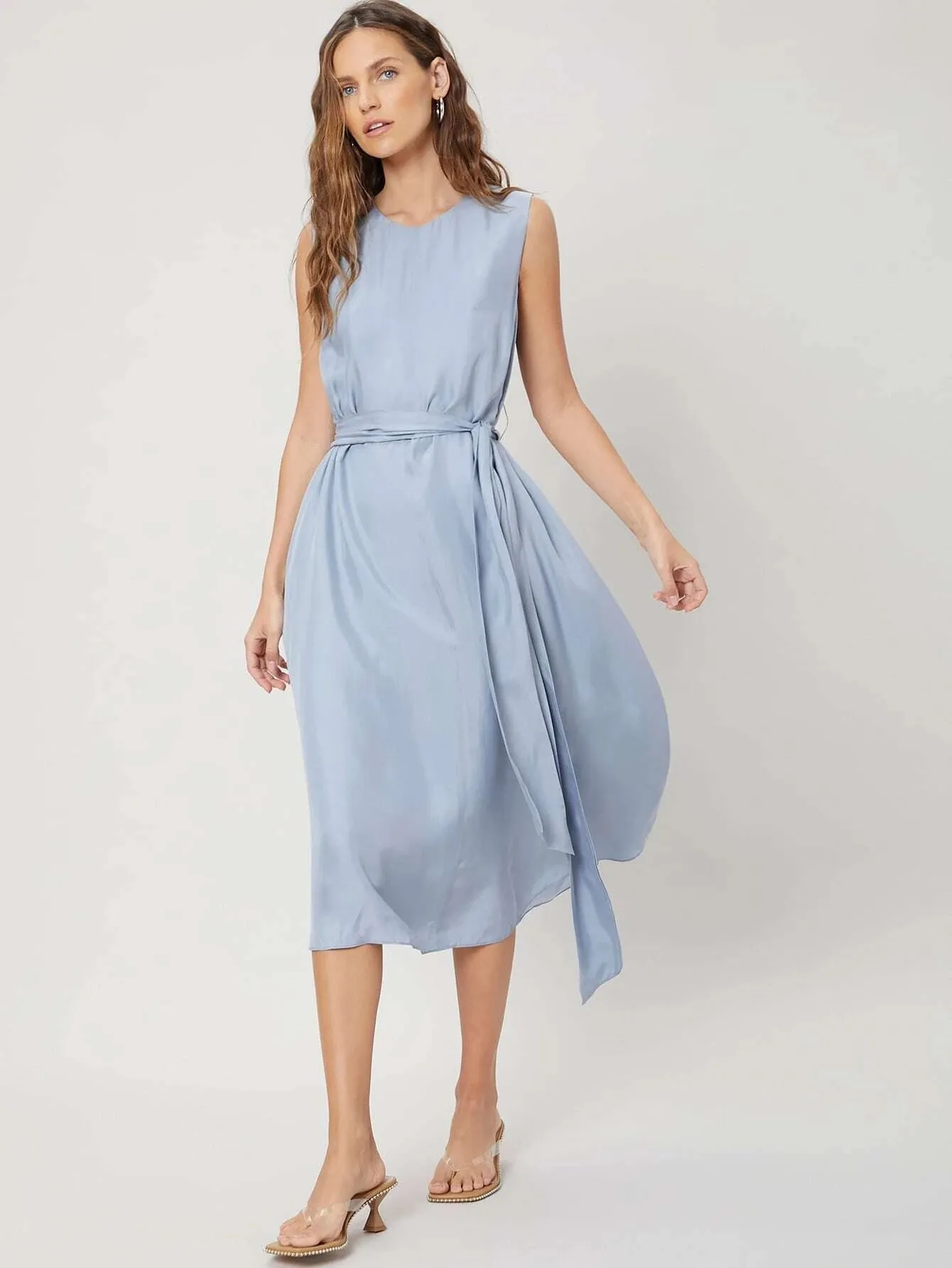 CM-ES414096 Women Elegant Seoul Style Round Neck Sleeveless Flowy Belted Dress - Baby Blue