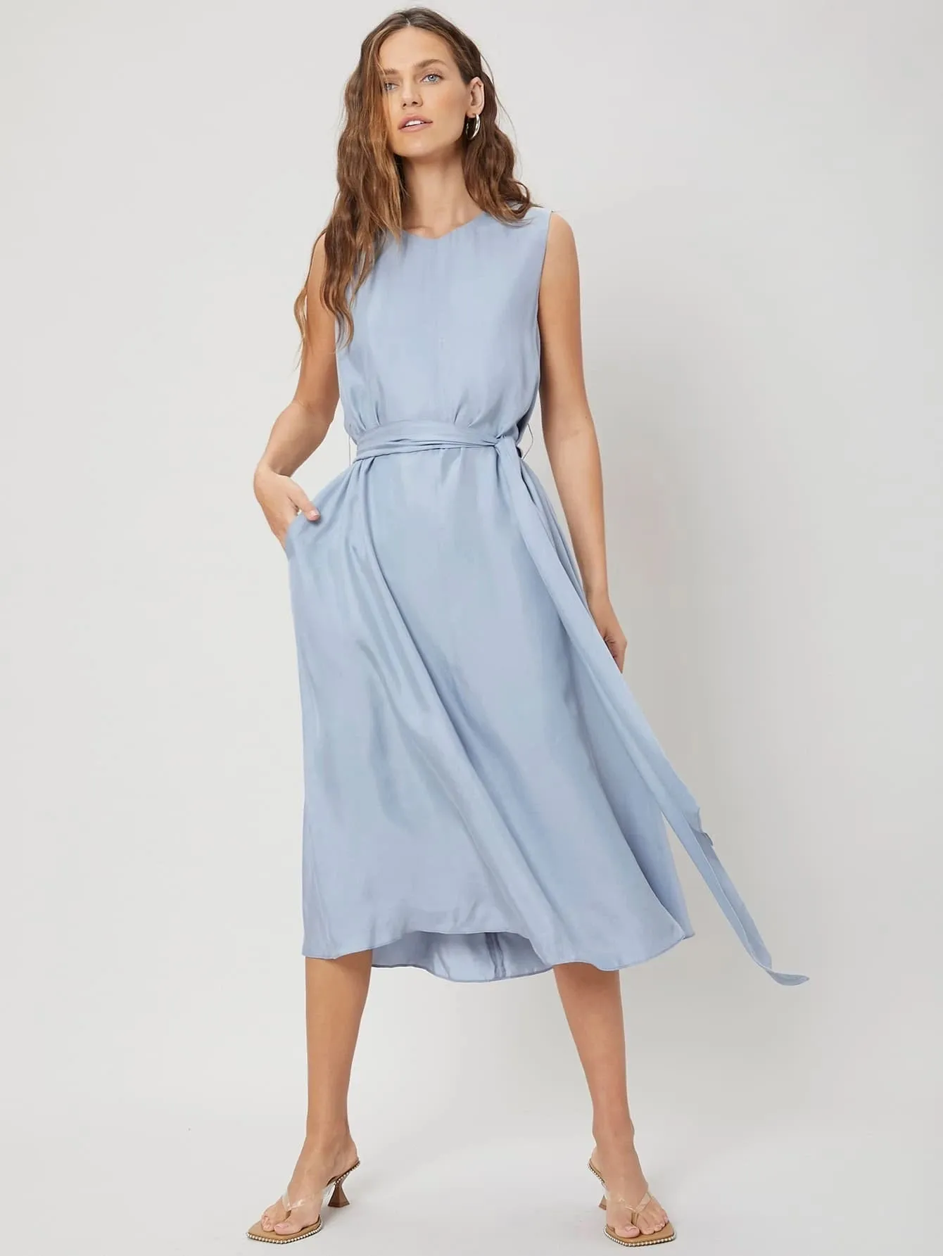 CM-ES414096 Women Elegant Seoul Style Round Neck Sleeveless Flowy Belted Dress - Baby Blue