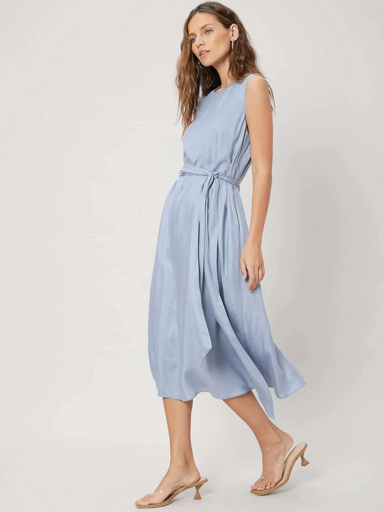 CM-ES414096 Women Elegant Seoul Style Round Neck Sleeveless Flowy Belted Dress - Baby Blue
