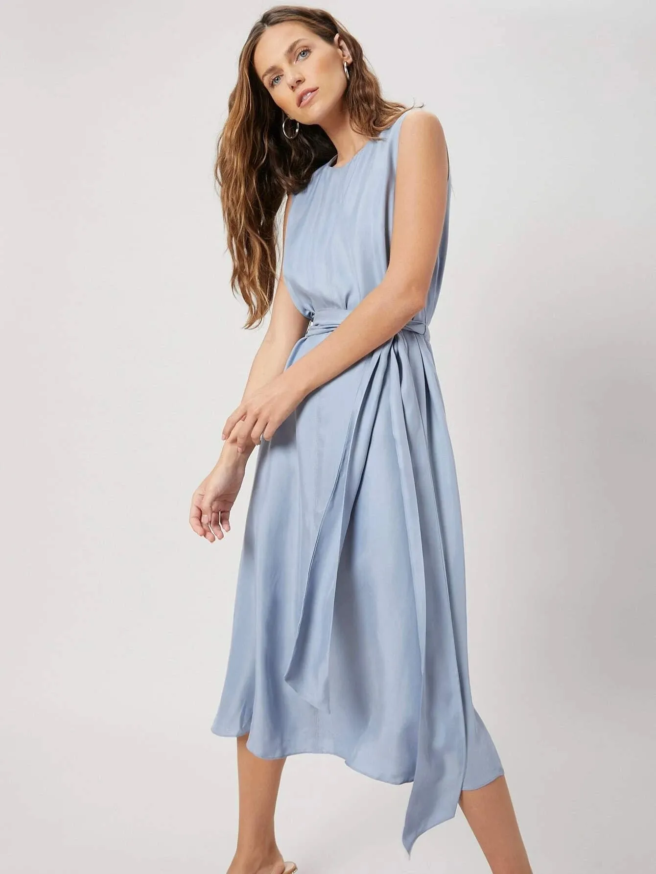 CM-ES414096 Women Elegant Seoul Style Round Neck Sleeveless Flowy Belted Dress - Baby Blue