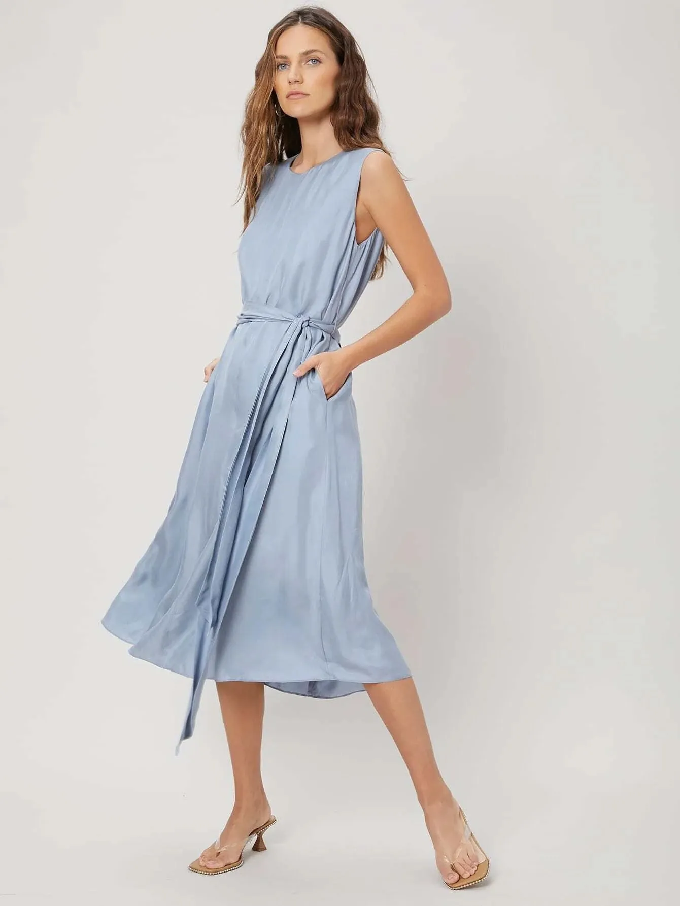 CM-ES414096 Women Elegant Seoul Style Round Neck Sleeveless Flowy Belted Dress - Baby Blue