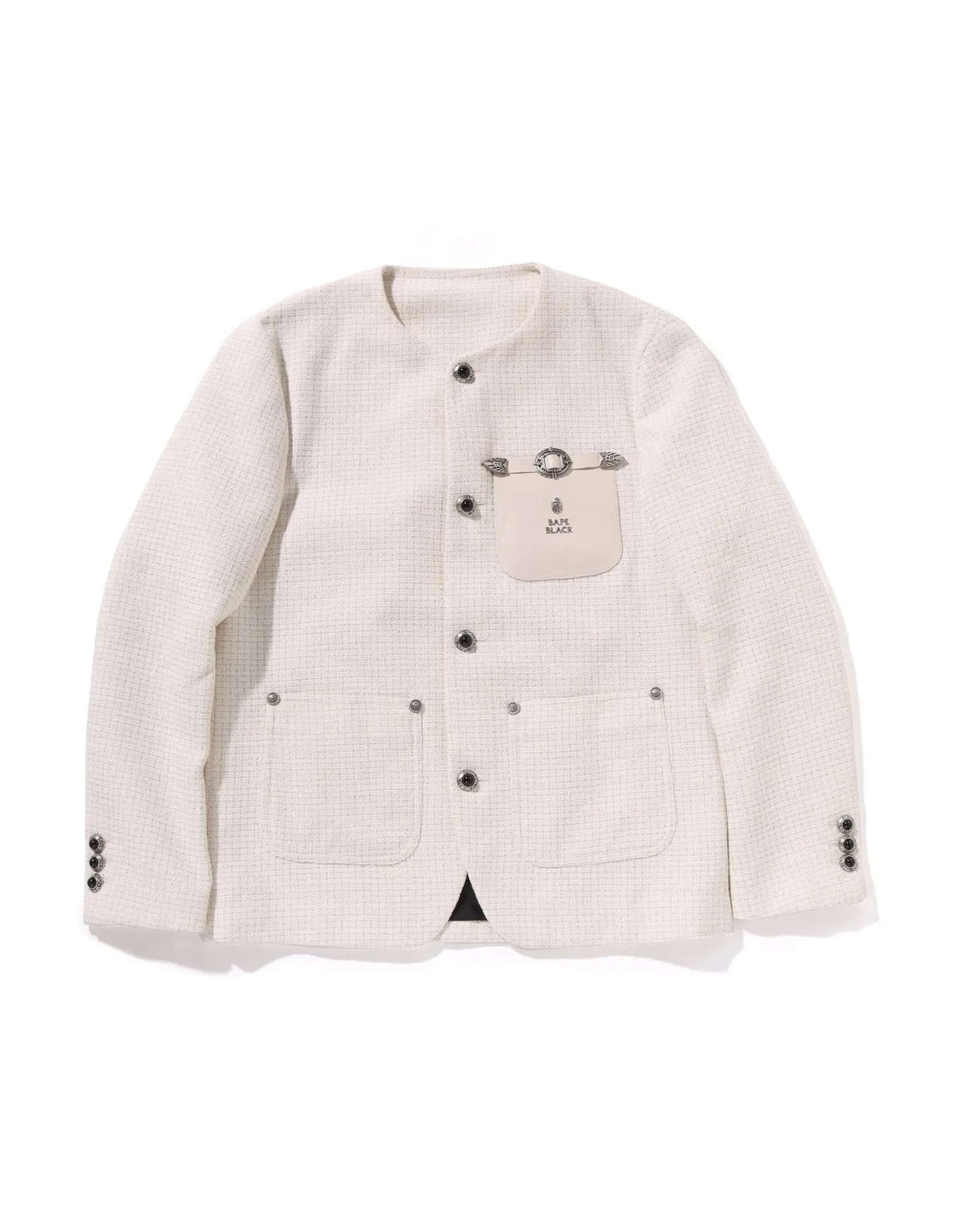 Collarless Ornaments Tweed Coat #3