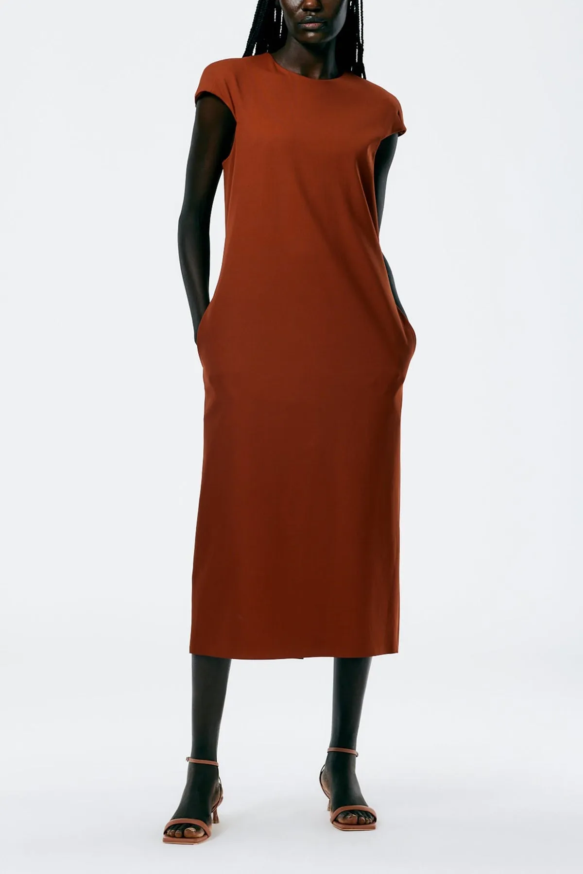 Compact Ultra Stretch Knit Lean Sleeveless Dress in Redwood