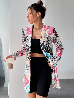 Coolane Graffiti Print Lapel Neck Blazer