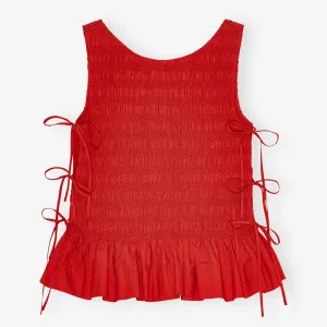 COTTON POPLIN SMOCKED TIE STRING TOP | RED
