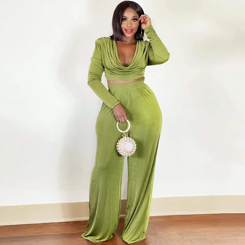 Cowl Neck Lace-Up Back Crop Top & High-Waist Wide-Leg Pants Set