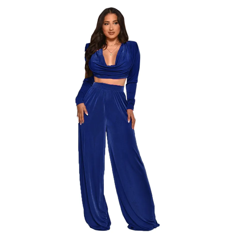 Cowl Neck Lace-Up Back Crop Top & High-Waist Wide-Leg Pants Set