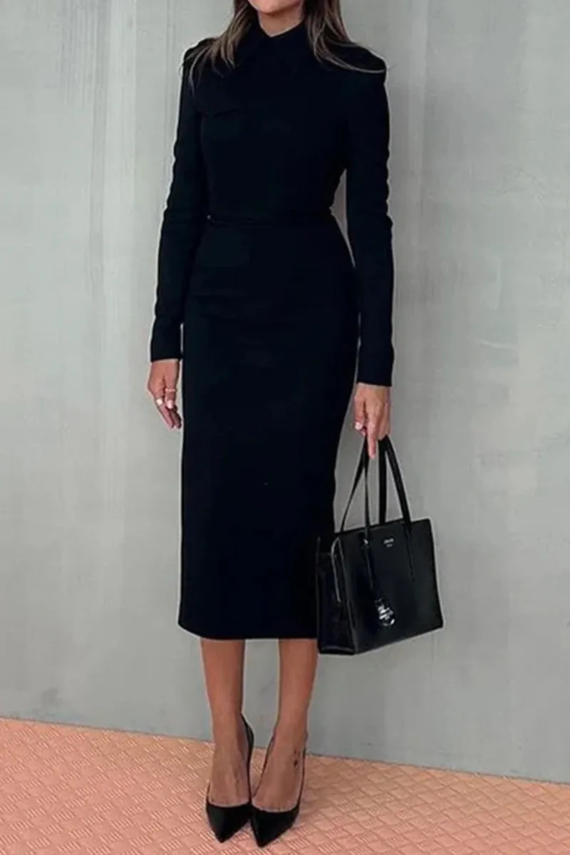 Creamtopmall Simplicity Solid Turndown Collar Wrapped Skirt Dresses
