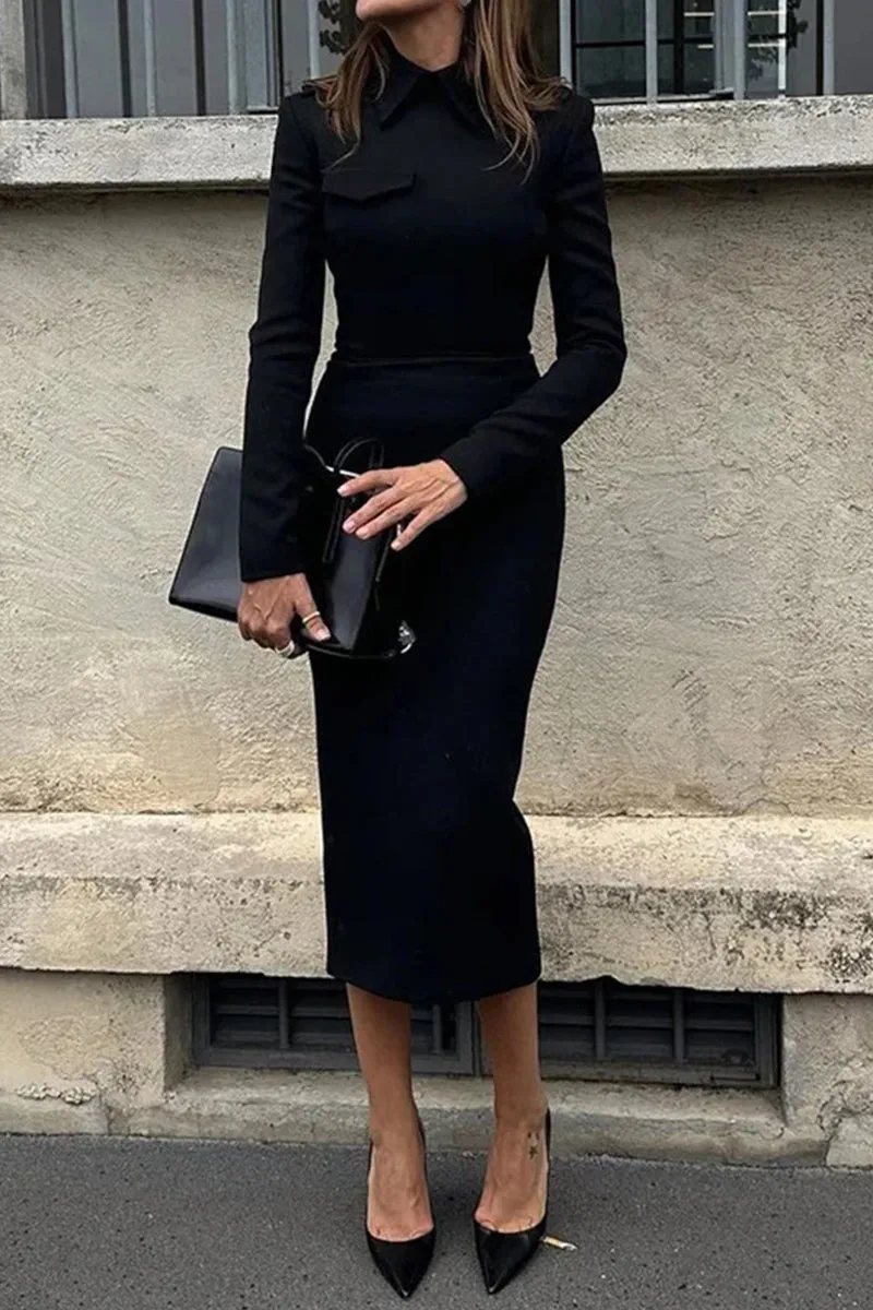 Creamtopmall Simplicity Solid Turndown Collar Wrapped Skirt Dresses