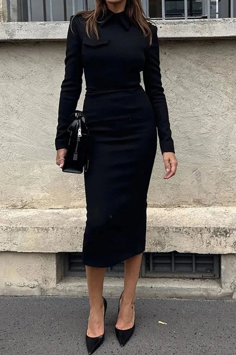 Creamtopmall Simplicity Solid Turndown Collar Wrapped Skirt Dresses