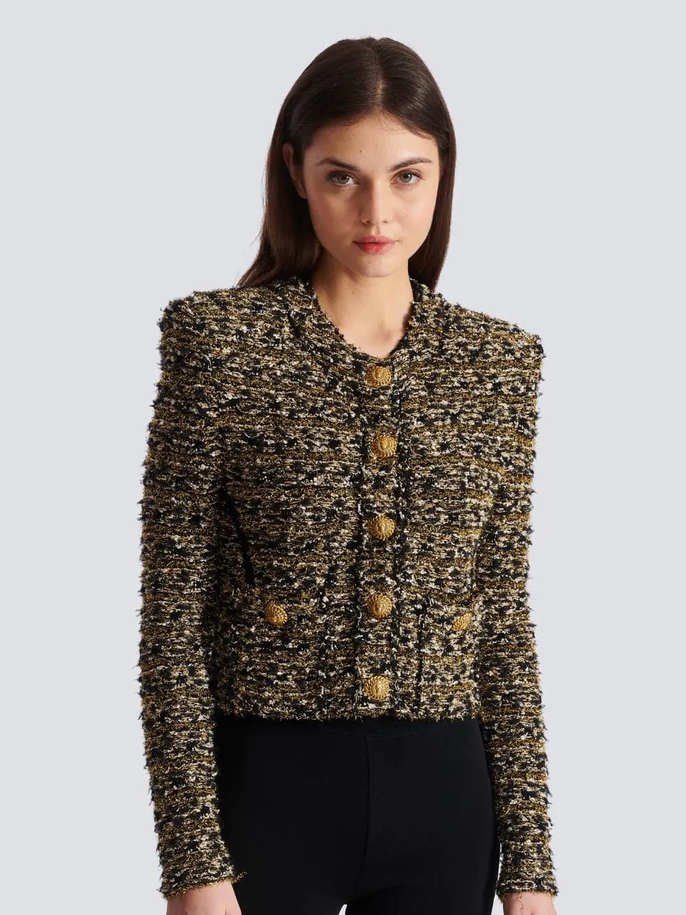 Cropped Lurex Tweed Round Neck Jacket