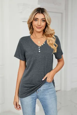 Decorative Button V-Neck T-Shirt (7 Colors)