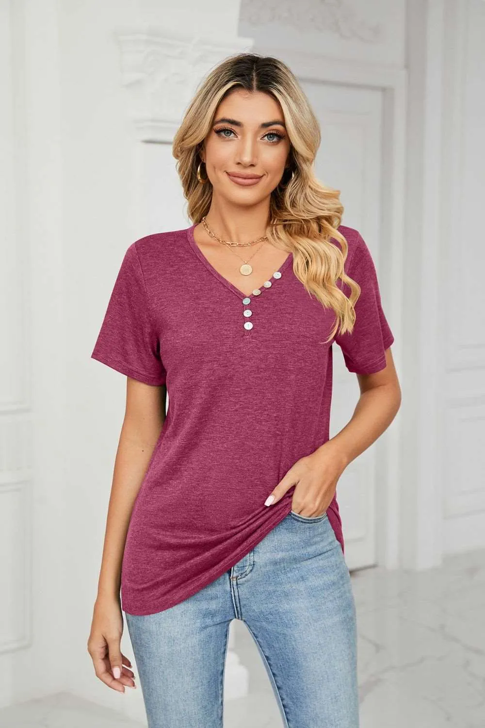 Decorative Button V-Neck T-Shirt (7 Colors)
