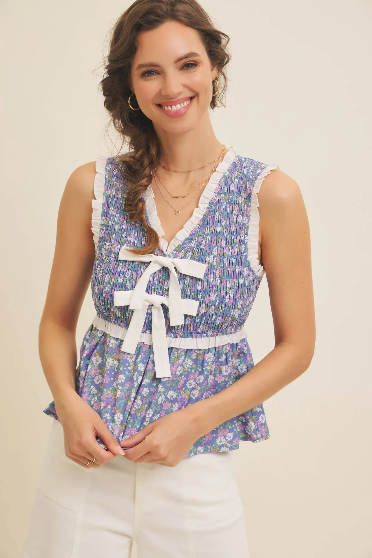 Ditsy Smocked Peplum Top