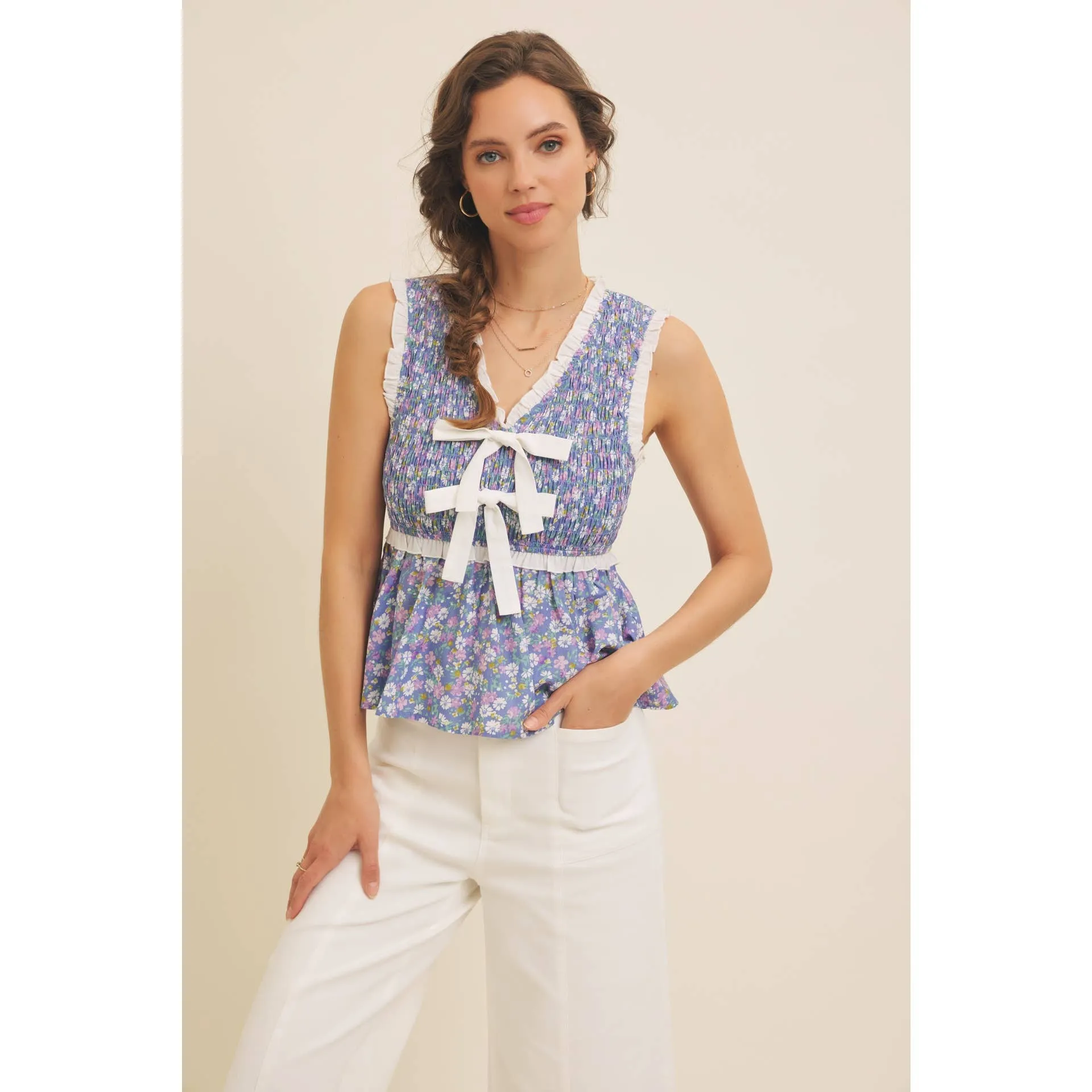 Ditsy Smocked Peplum Top